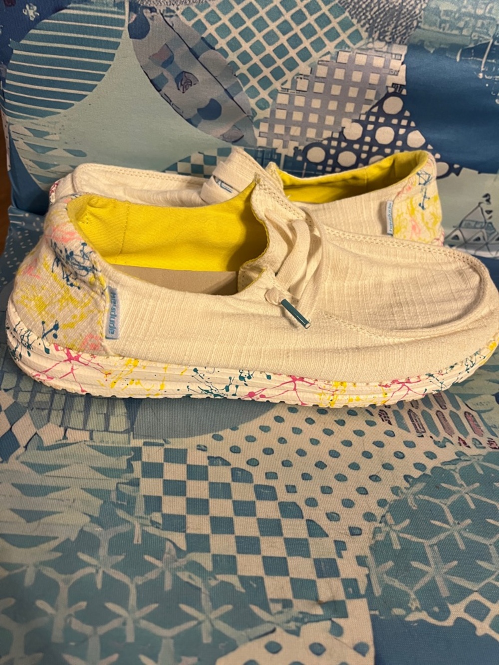 Hey Dude White Canvas Slip-Ons with Yellow Lining and Paint-Speck Sole